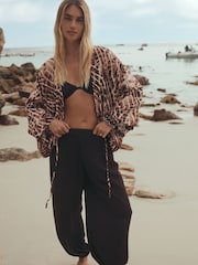 күрөң Animal Print - Tie Front Lightweight Jacket - 9ичинен 2 сүрөт