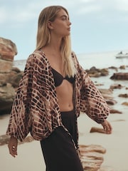 күрөң Animal Print - Tie Front Lightweight Jacket - 9ичинен 4 сүрөт