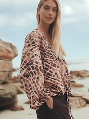 күрөң Animal Print - Tie Front Lightweight Jacket - 9ичинен 5 сүрөт