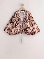 күрөң Animal Print - Tie Front Lightweight Jacket - 9ичинен 7 сүрөт