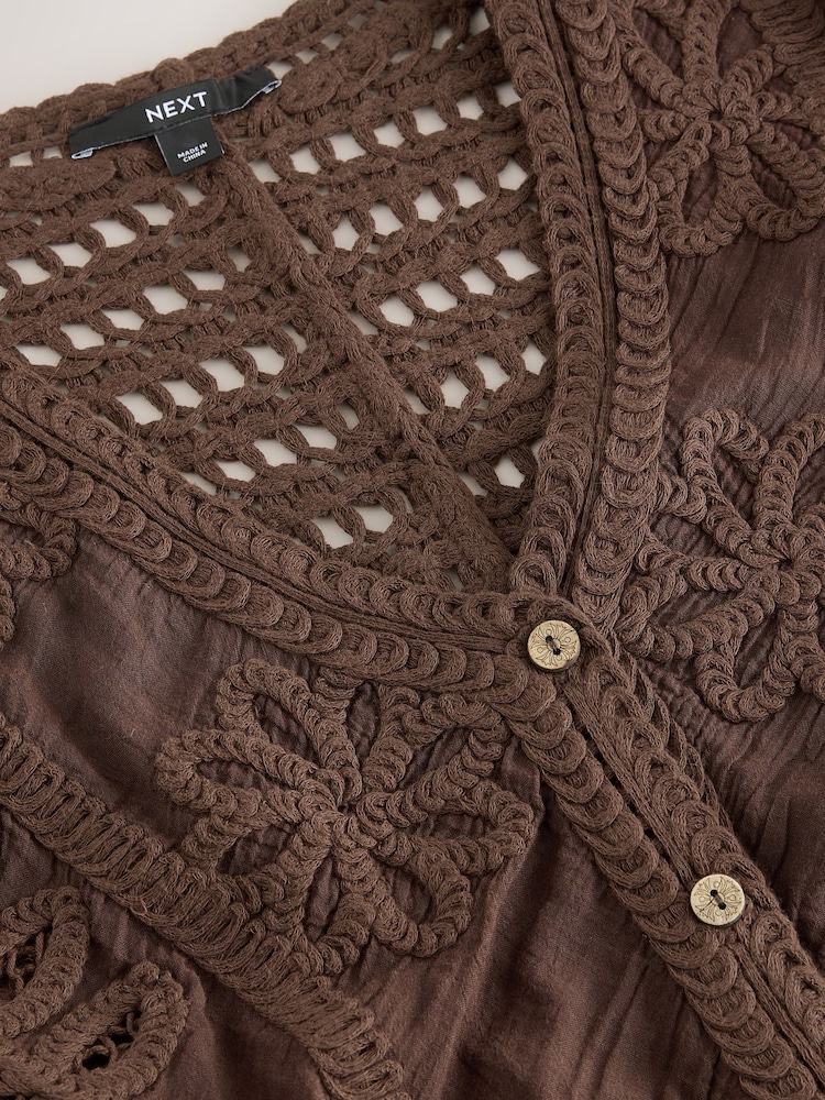 Chocolate Brown Short Sleeve Crochet Cover-Up - Image 2 of 3