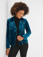 Joe Browns Blue Velour Biker Jacket - Image 3 of 8