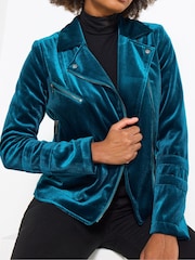 Joe Browns Blue Velour Biker Jacket - Image 7 of 8