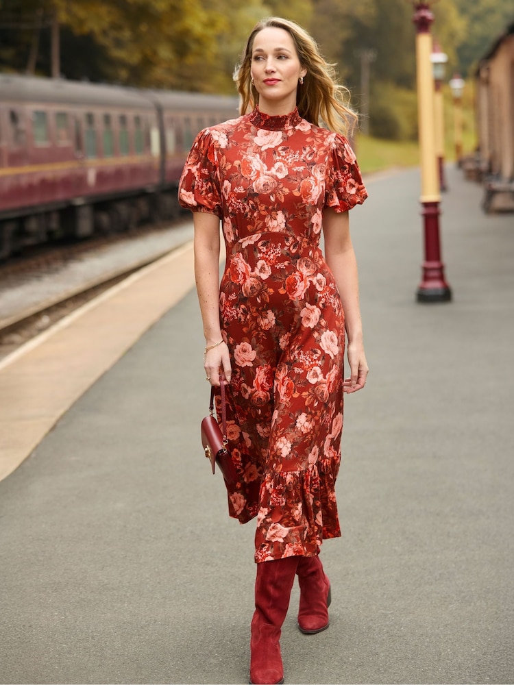Joe Browns Brown Oversized Autumnal Floral Vintage High-Neck Jersey Midi Dress - Image 1 of 7