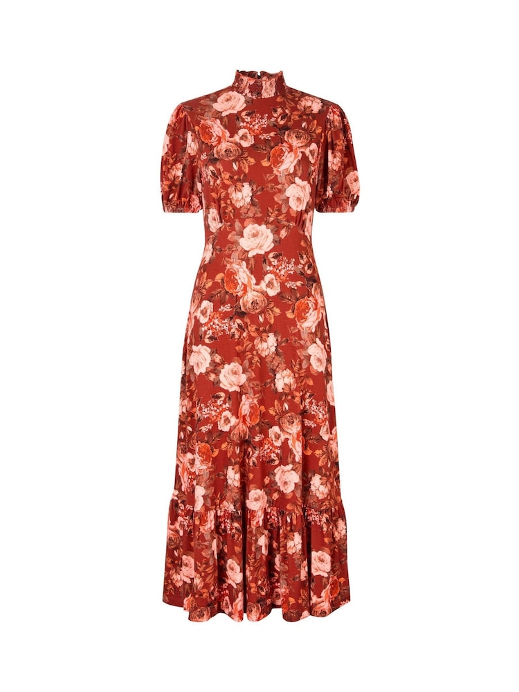 Joe Browns Brown Petite Oversized Autumnal Floral Vintage High-Neck Jersey Midi Dress - Image 7 of 7