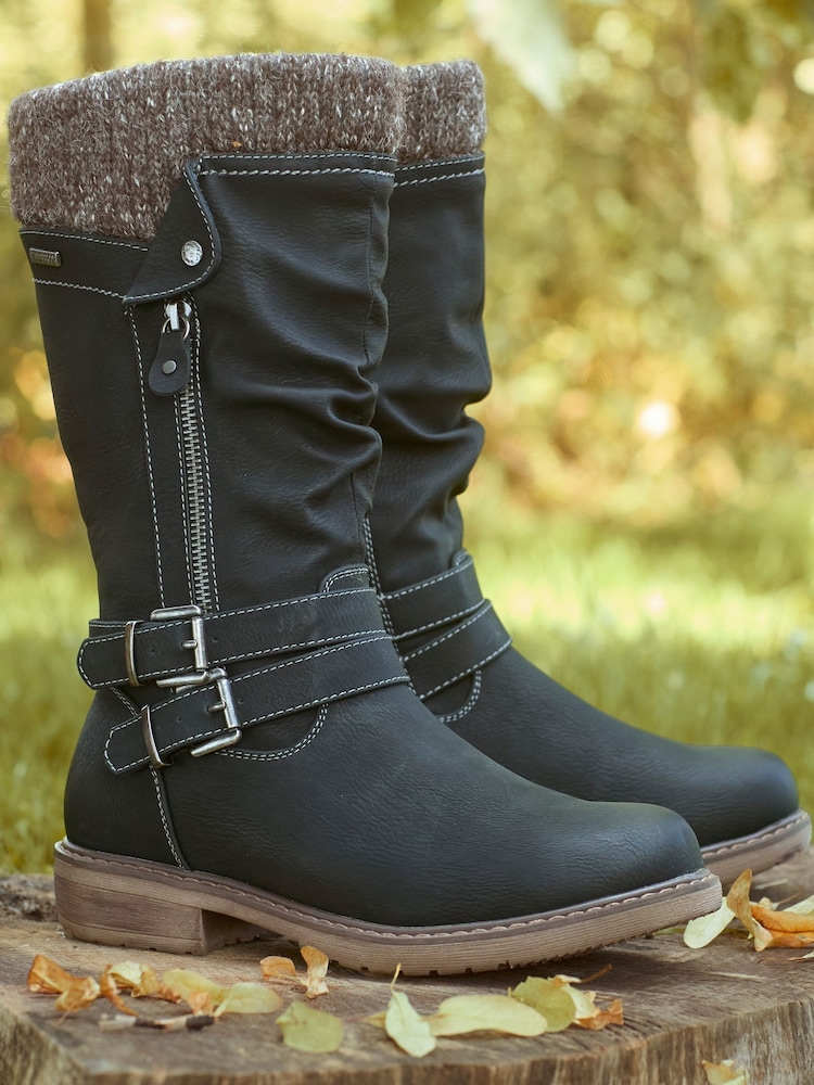 Joe Browns Black Strap And Zip Detail Tan Long Boots - Image 1 of 7 Joe Browns Black Strap And Zip Detail Tan Long Boots - Image 1 of 7