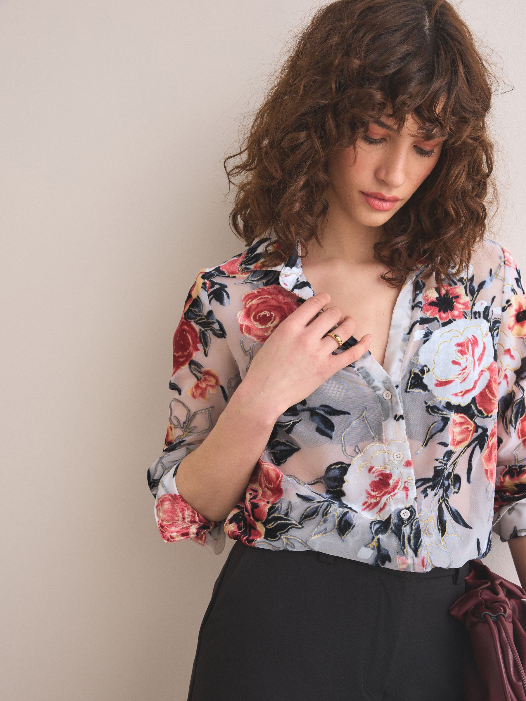 Buy Ecru Floral N. Premium Sheer Flocked Velvet Shirt from Next