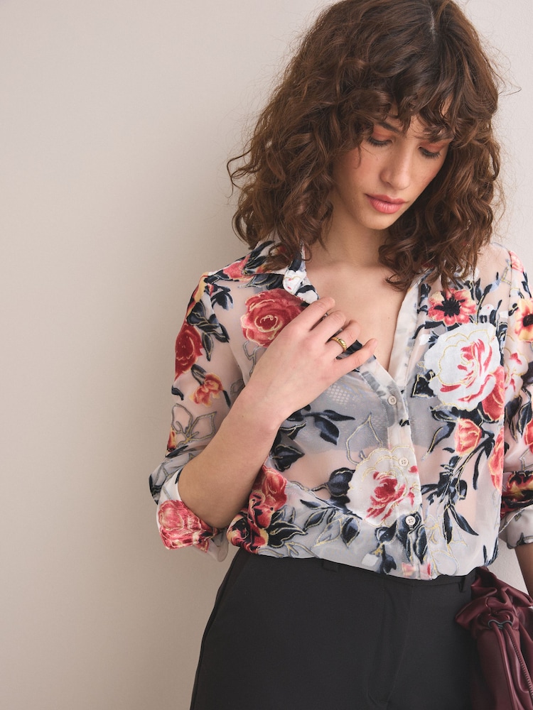 Ecru Floral N. Premium Sheer Flocked Velvet Shirt - Image 1 of 8