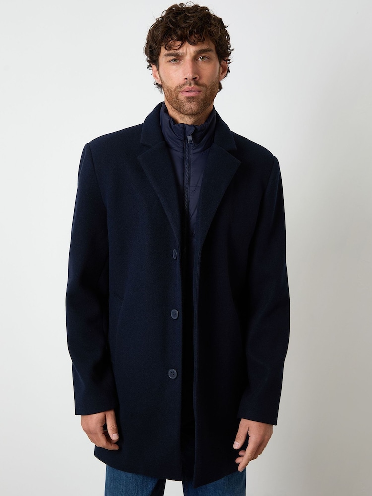 Threadbare Blue Faux Wool Mock Layer Longline Trench Coat - Image 1 of 4 Threadbare Blue Faux Wool Mock Layer Longline Trench Coat - Image 1 of 4