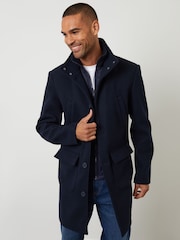 Threadbare Blue Faux Wool Mock Layer Longline Utility Coat - Image 1 of 4