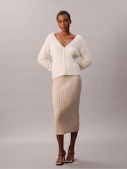 Calvin Klein Cream Ribbed Knit Cotton Midi Skirt - Image 1 of 6