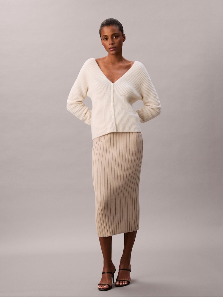 Calvin Klein Cream Ribbed Knit Cotton Midi Skirt - Image 1 of 6 Calvin Klein Cream Ribbed Knit Cotton Midi Skirt - Image 1 of 6