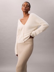 Calvin Klein Cream Ribbed Knit Cotton Midi Skirt - Image 2 of 6