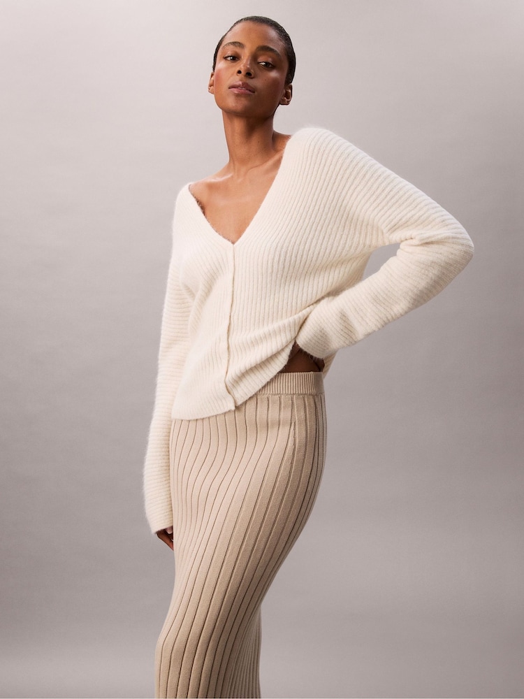 Calvin Klein Cream Ribbed Knit Cotton Midi Skirt - Image 2 of 6 Calvin Klein Cream Ribbed Knit Cotton Midi Skirt - Image 2 of 6