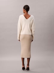 Calvin Klein Cream Ribbed Knit Cotton Midi Skirt - Image 3 of 6