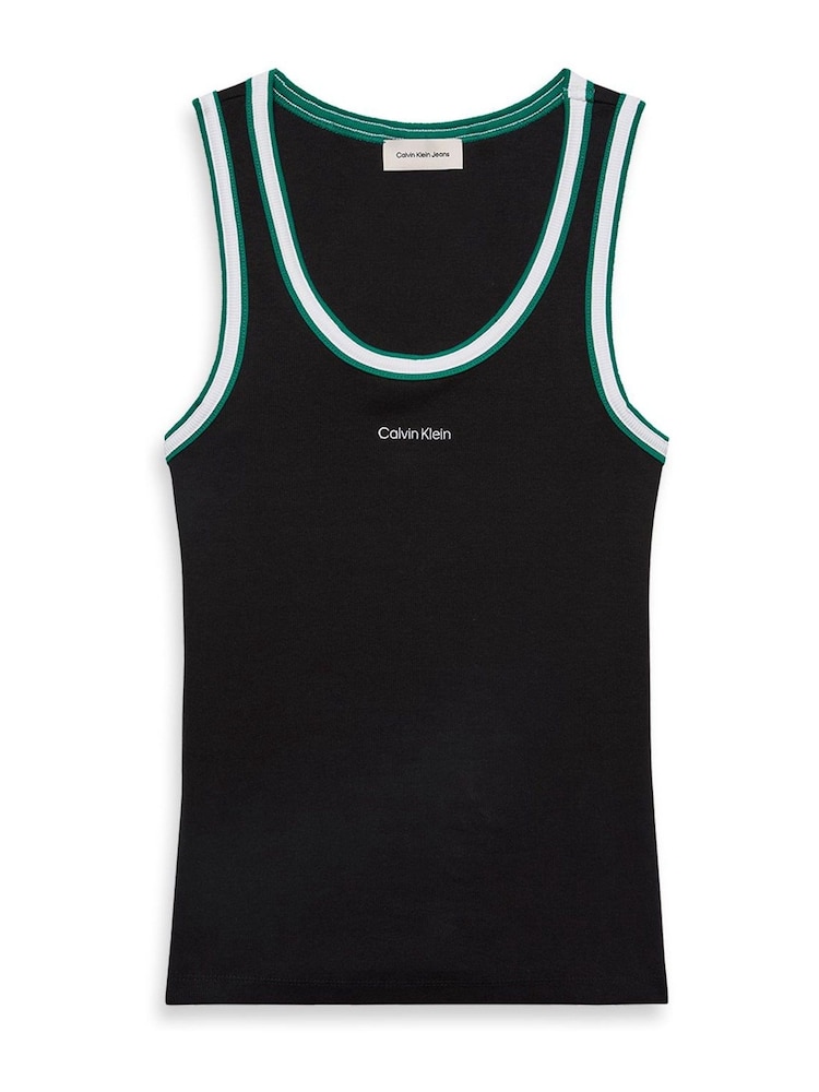 Calvin Klein Black Contrast Trim Ribbed Logo Graphic Tank Top - Image 1 of 1