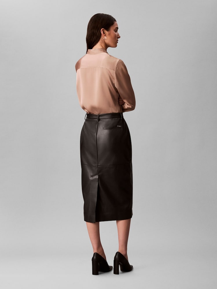 Calvin Klein Black Faux Leather Midi Skirt - Image 2 of 6 Calvin Klein Black Faux Leather Midi Skirt - Image 2 of 6