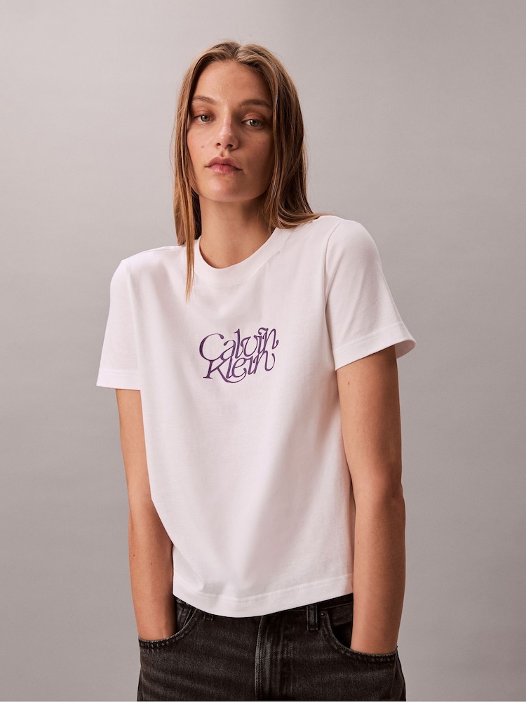 Calvin Klein White Script Logo Graphic Slim T-Shirt - Image 1 of 6