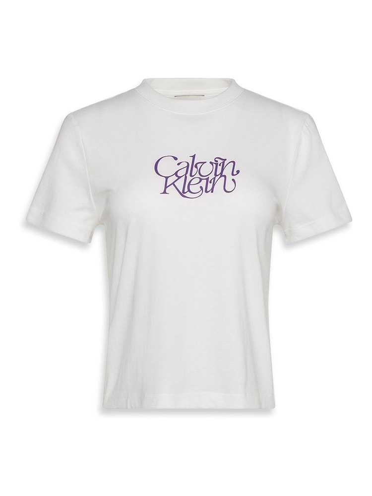 Calvin Klein White Script Logo Graphic Slim T-Shirt - Image 6 of 6