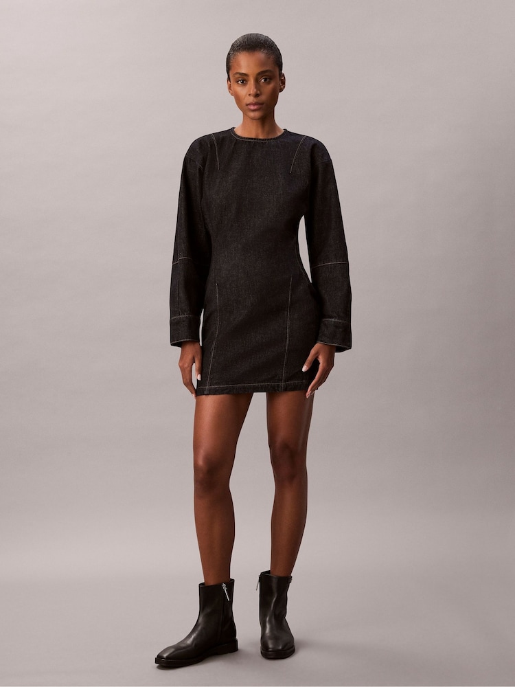 Calvin Klein Black Long Sleeve Denim Mini Dress - Image 2 of 7 Calvin Klein Black Long Sleeve Denim Mini Dress - Image 2 of 7