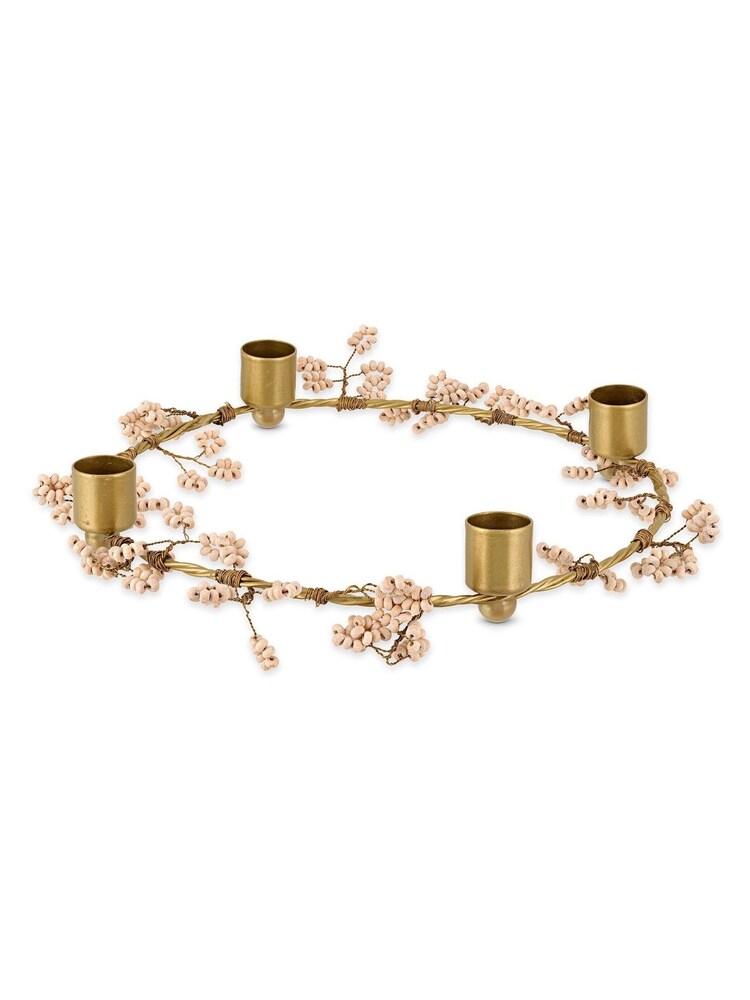 Nkuku Brass and Natural Tanu Mango Wood Beaded Candle Holder - Image 5 of 5