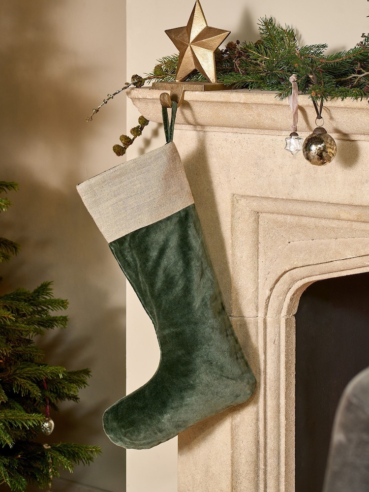 Nkuku Green Karru Cotton Velvet Christmas Stocking - Image 1 of 3 Nkuku Green Karru Cotton Velvet Christmas Stocking - Image 1 of 3