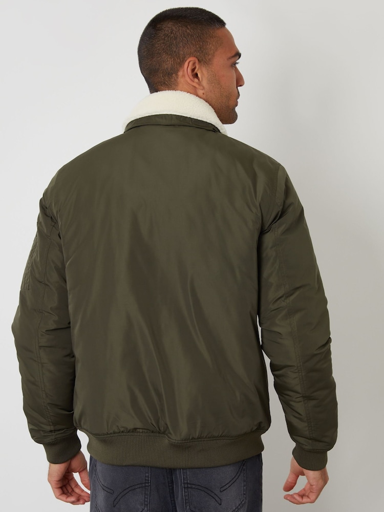 Threadbare Green Borg Collar Bomber Jacket - Image 2 of 4 Threadbare Green Borg Collar Bomber Jacket - Image 2 of 4