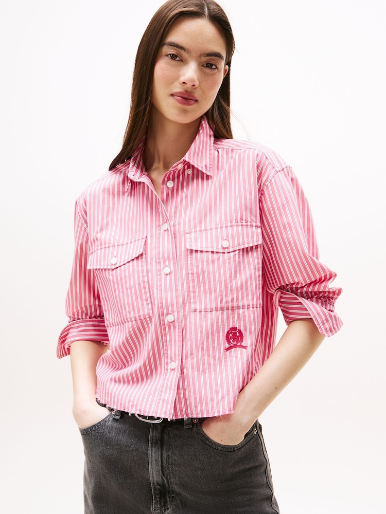 Tommy Jeans Red Crest Embroidery Relaxed Fit Cropped Shirt - Image 1 of 5