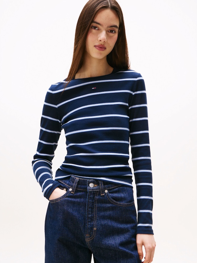 Tommy Jeans Blue Ribbed Slim Long Sleeve T-Shirt - Image 1 of 5