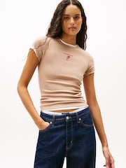 Tommy Jeans Brown Logo Embroidery Slim T-Shirt - Image 1 of 5