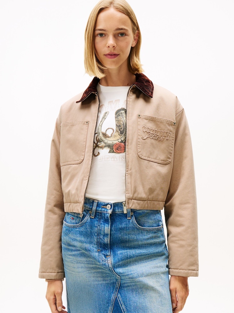 Tommy Jeans Brown Logo Appliqué Padded Cropped Coach Jacket - Image 1 of 5