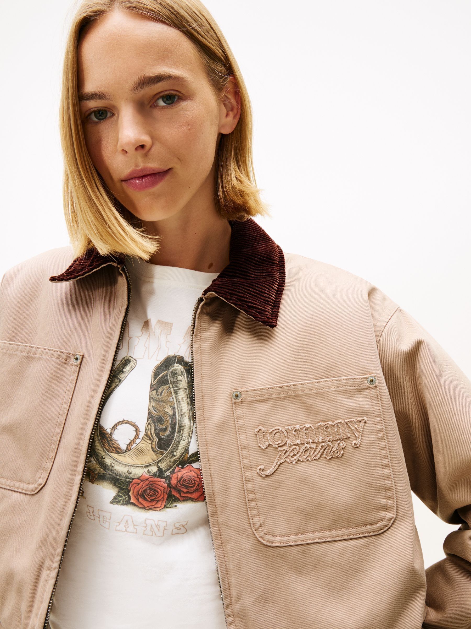 Buy Tommy Jeans Brown Logo Appliqué Padded Cropped Coach Jacket