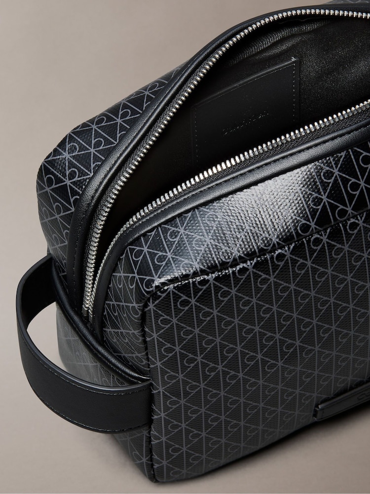 Calvin Klein Black Allover Monogram Logo Zip Dopp Kit Wash Bag - Image 2 of 2 Calvin Klein Black Allover Monogram Logo Zip Dopp Kit Wash Bag - Image 2 of 2