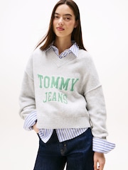 Tommy Jeans Grey Varsity Logo V-Neck Jumper With Wool - Image 1 of 5