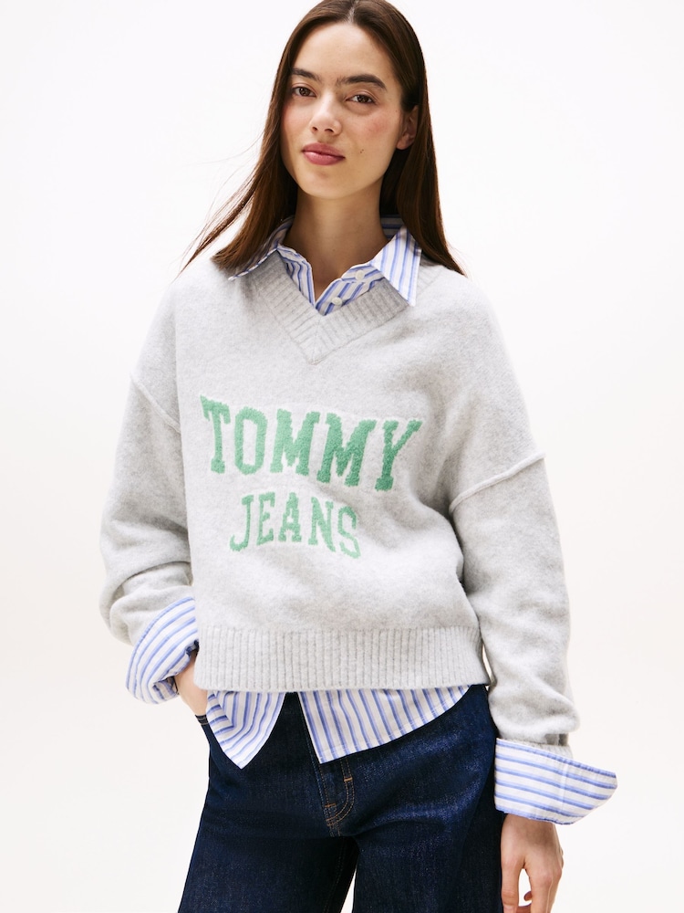 Tommy Jeans Grey Varsity Logo V-Neck Jumper With Wool - Image 1 of 5