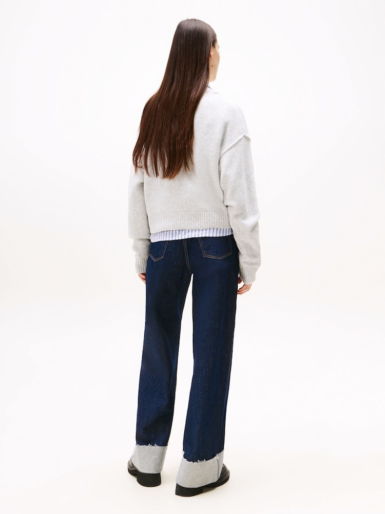 Tommy Jeans Grey Varsity Logo V-Neck Jumper With Wool - Image 2 of 5