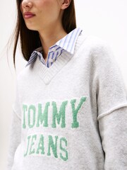 Tommy Jeans Grey Varsity Logo V-Neck Jumper With Wool - Image 4 of 5