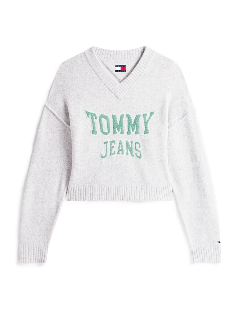 Tommy Jeans Grey Varsity Logo V-Neck Jumper With Wool - Image 5 of 5