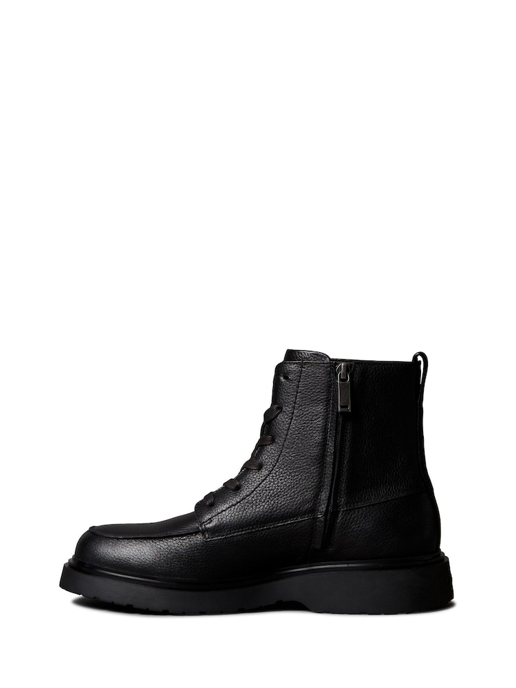 Calvin Klein Black Leather Apron Toe Lace-Up Zip Boots - Image 2 of 6 Calvin Klein Black Leather Apron Toe Lace-Up Zip Boots - Image 2 of 6