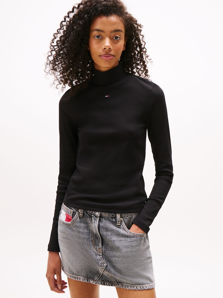 Tommy Jeans Black Mock Neck Long Sleeve Top - Image 1 of 6 Tommy Jeans Black Mock Neck Long Sleeve Top - Image 1 of 6