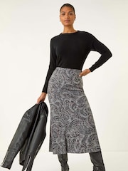 Roman Grey Paisley Print Stretch Midi Skirt - Image 1 of 5