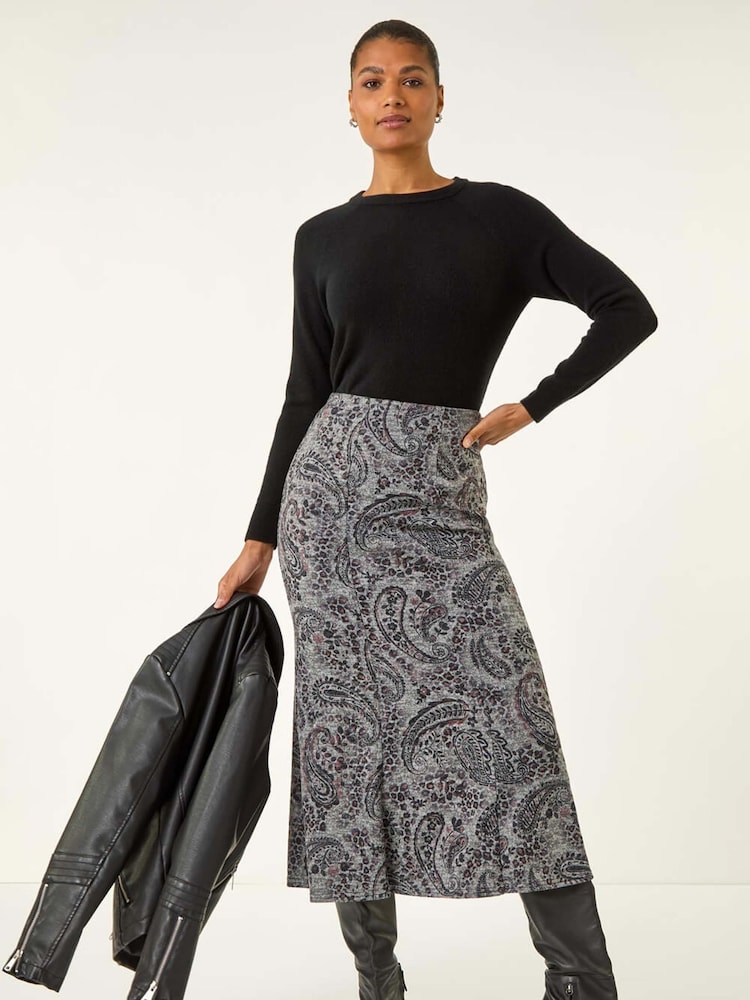 Roman Grey Paisley Print Stretch Midi Skirt - Image 1 of 5