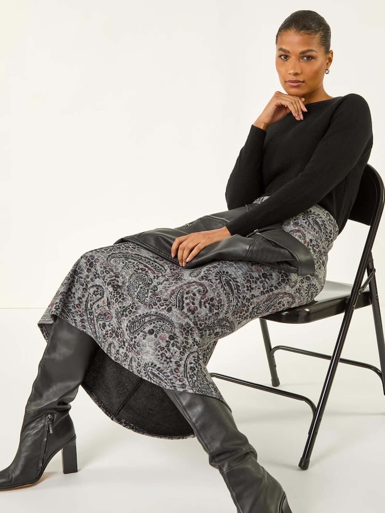 Roman Grey Paisley Print Stretch Midi Skirt - Image 2 of 5 Roman Grey Paisley Print Stretch Midi Skirt - Image 2 of 5