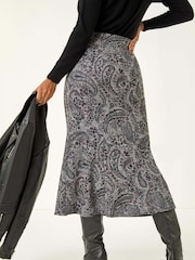 Roman Grey Paisley Print Stretch Midi Skirt - Image 3 of 5