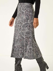 Roman Grey Paisley Print Stretch Midi Skirt - Image 4 of 5