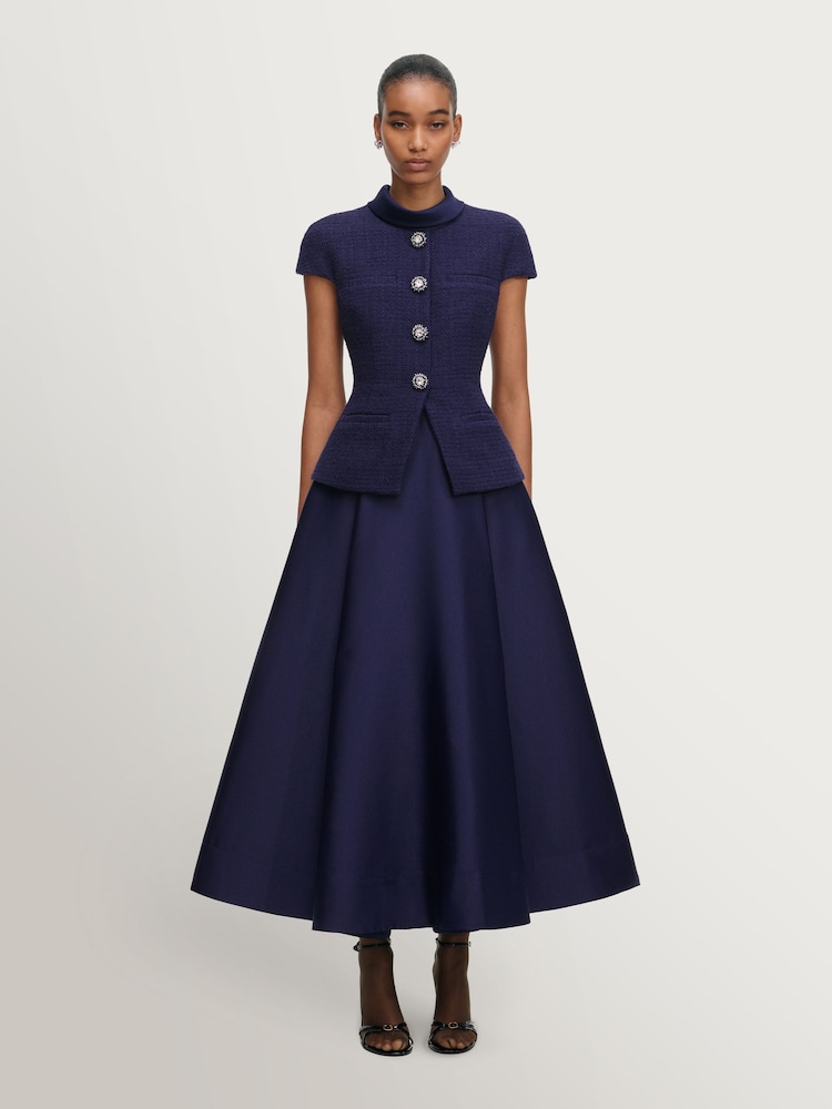 Self-Portrait Navy Boucle Taffeta Midi Dress - Image 1 of 5 Self-Portrait Navy Boucle Taffeta Midi Dress - Image 1 of 5