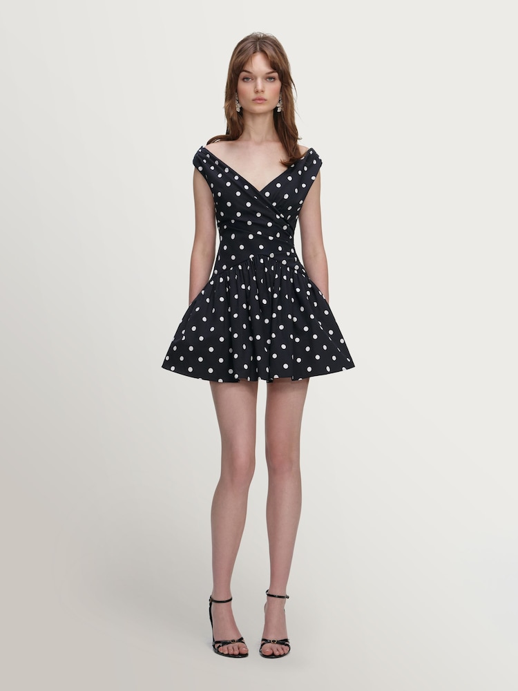 Self-Portrait Black Polka Dot Cotton Mini Dress - Image 1 of 4 Self-Portrait Black Polka Dot Cotton Mini Dress - Image 1 of 4