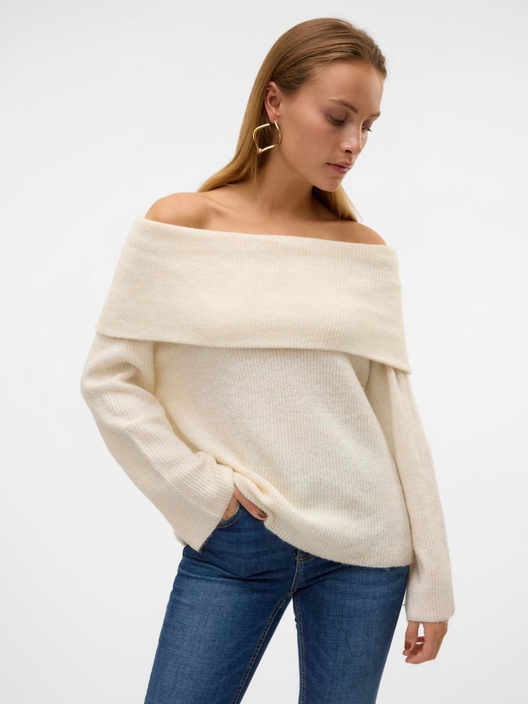 VERO MODA Cream Off Shoulder Long Sleeve Jumper - Image 1 of 5