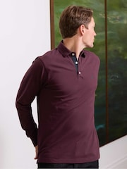 The Savile Row Company Red Classic Fit Cotton Pique Long Sleeve Polo Shirt - Image 3 of 5