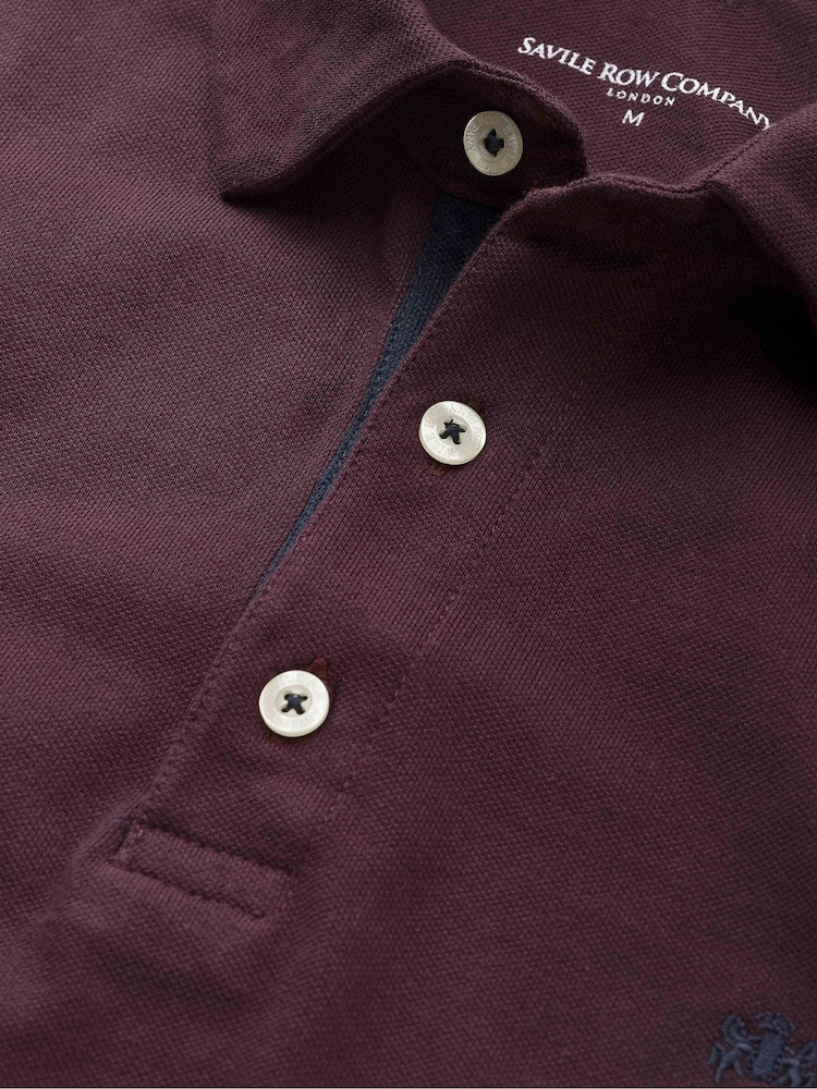 The Savile Row Company Red Classic Fit Cotton Pique Long Sleeve Polo Shirt - Image 5 of 5